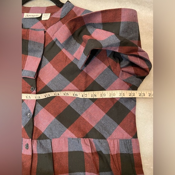 NWOT Serengeti Size L Long Sleeve Black Burgundy Check Flannel Button Mini Dress - Picture 11 of 12